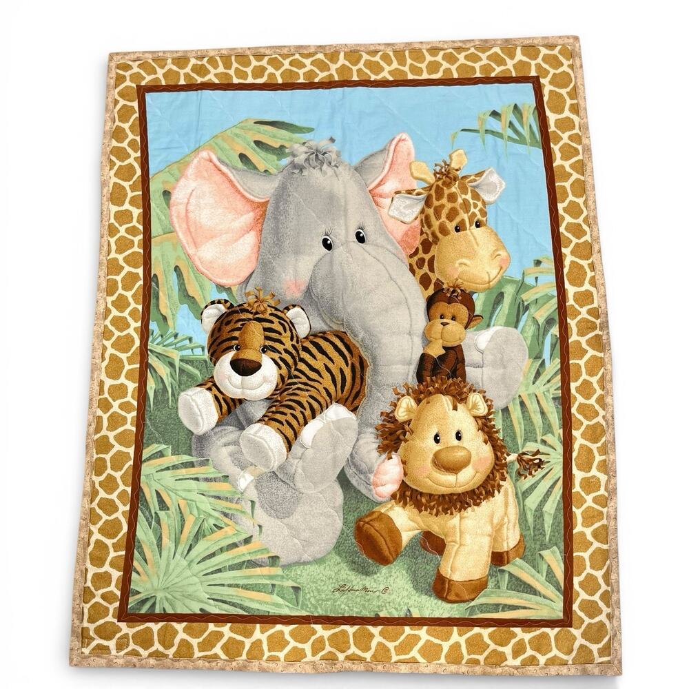 Vintage Handmade Safari Baby Quilt Wall Hanging Jungle Nursery Elephant Lion 41”